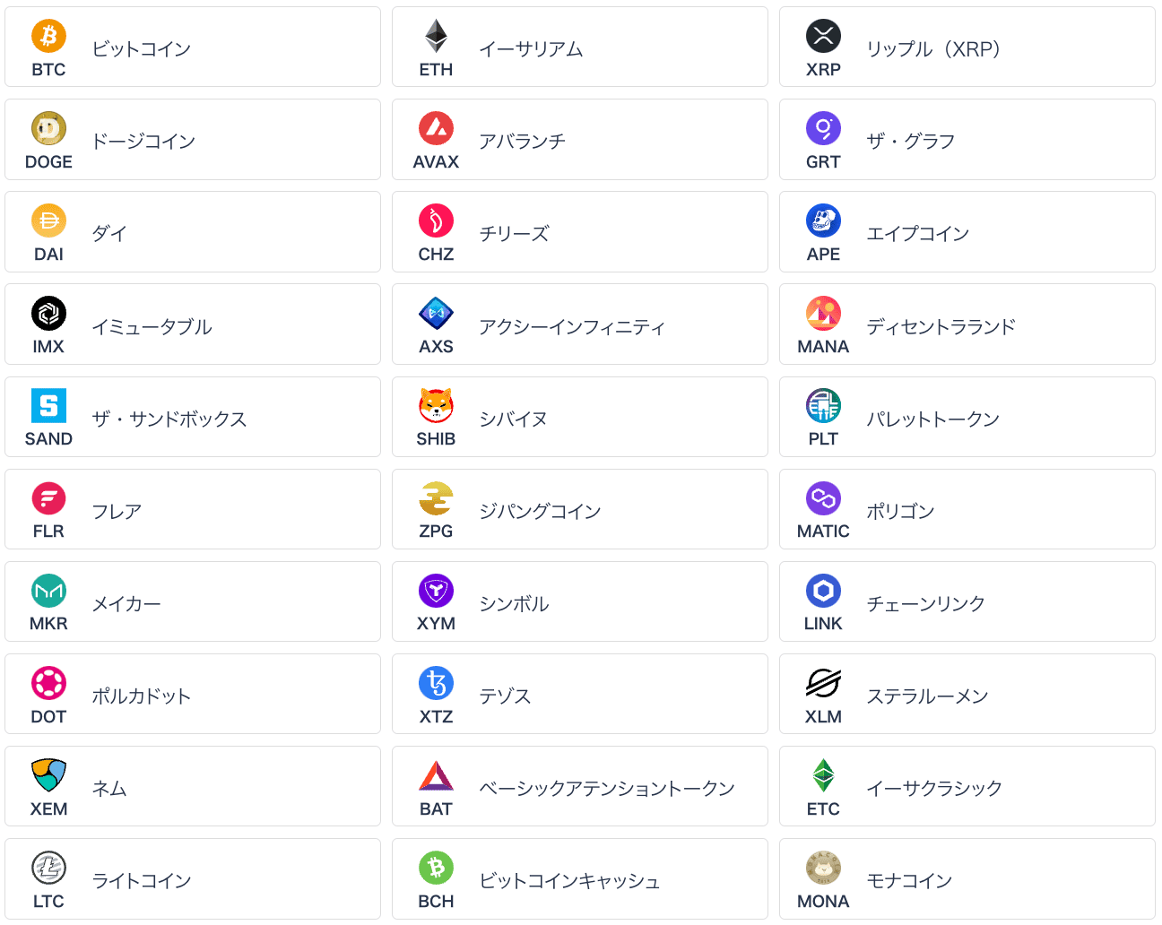 ビットフライヤーで積立できる銘柄